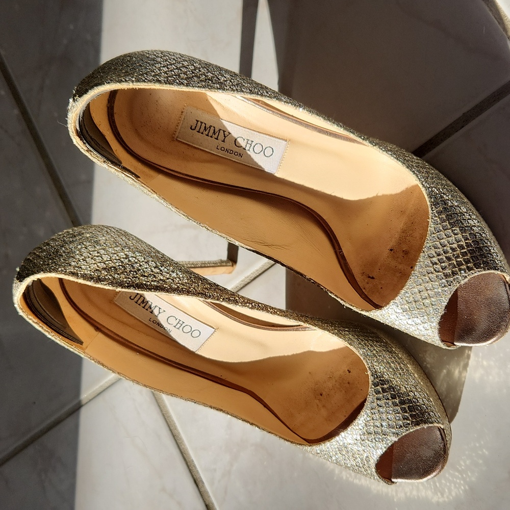 Jimmy Choo CrownChampagne Glitter Peep toe pumps